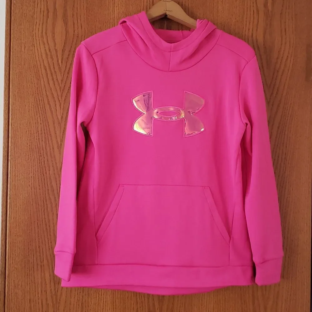 Hot Pink Under Armour LooseFit Hoodie with Shiny Holographic Logo Youth Sz L